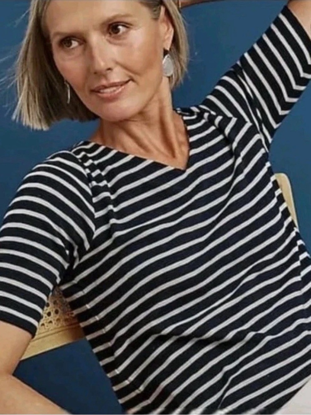 J.Jill Women S Navy White Striped Pima Slub Elbow Sleeve V-Neck Tee NWOT
